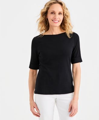 Women's Boat-Neck Elbow Sleeve Cotton Top