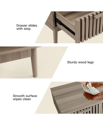 39.4" Mid Century Modern Coffee Table with Storage, 2-Tier Fluted Rectangle Center Table with Drawer, Open Shelf and Wood Legs for Living Room