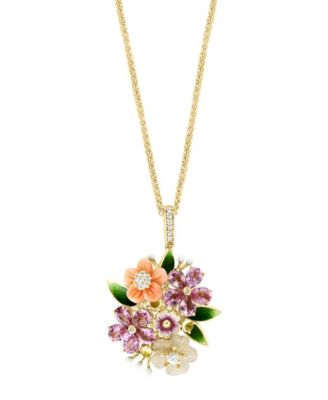 Lali Jewels Pink Mother of Pearl (7/10 ct. t.w.), Multi Gemstone (3-1/12 ct. t.w.) and Diamond (1/14 ct. t.w.) Pendant Necklace in 14k Yellow Gold - G
