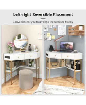 Triangular Corner Desk with Charging Station, 2 Drawers and Bottom Storage Shelf