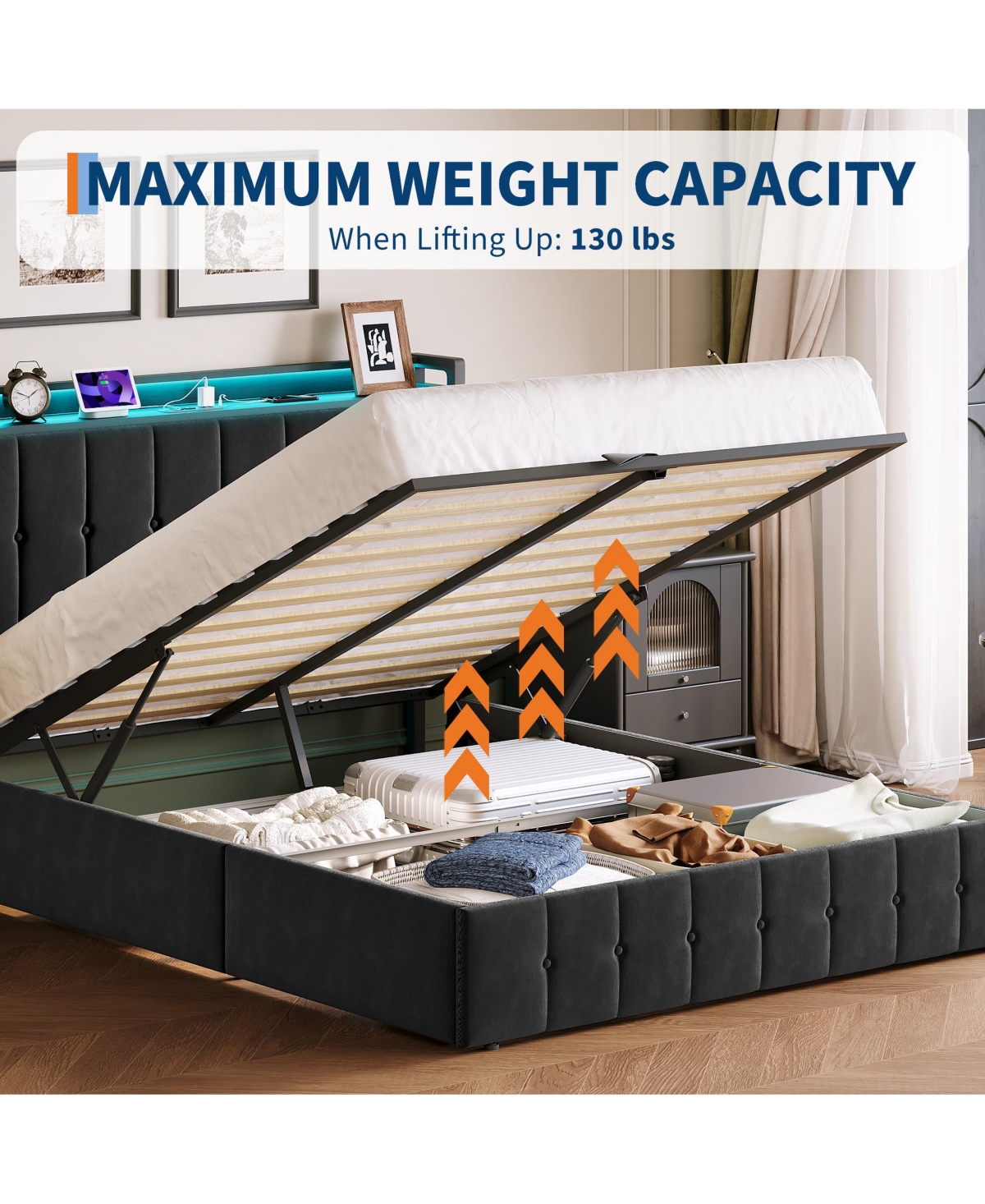 Homfan Full Size Lift-Up Hydraulic Storage Upholstered Soft Bed Frame with Led Lights, Power Outlets, Sturdy Metal Slats