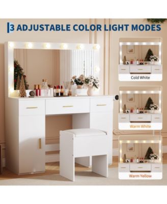 Vanity Desk with Mirror and Lights, Large Makeup Vanity Table with Power Outlet and Stool, Vanity Dressing Table for Bedroom Dressing Room