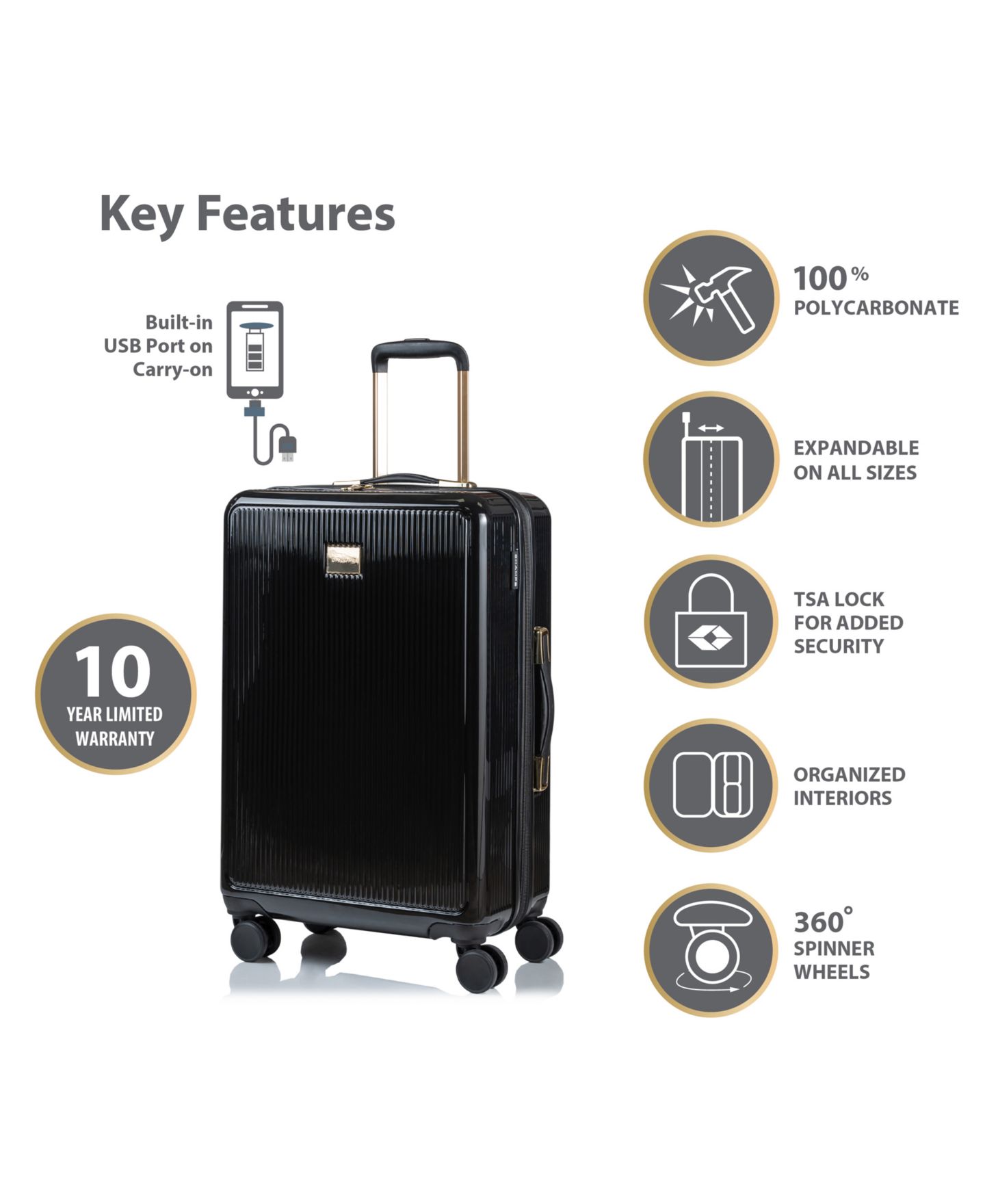 Чемоданы CHAMPS 3-Piece Luxe Hardside Luggage Set, цвет: Чёрный — фото 2