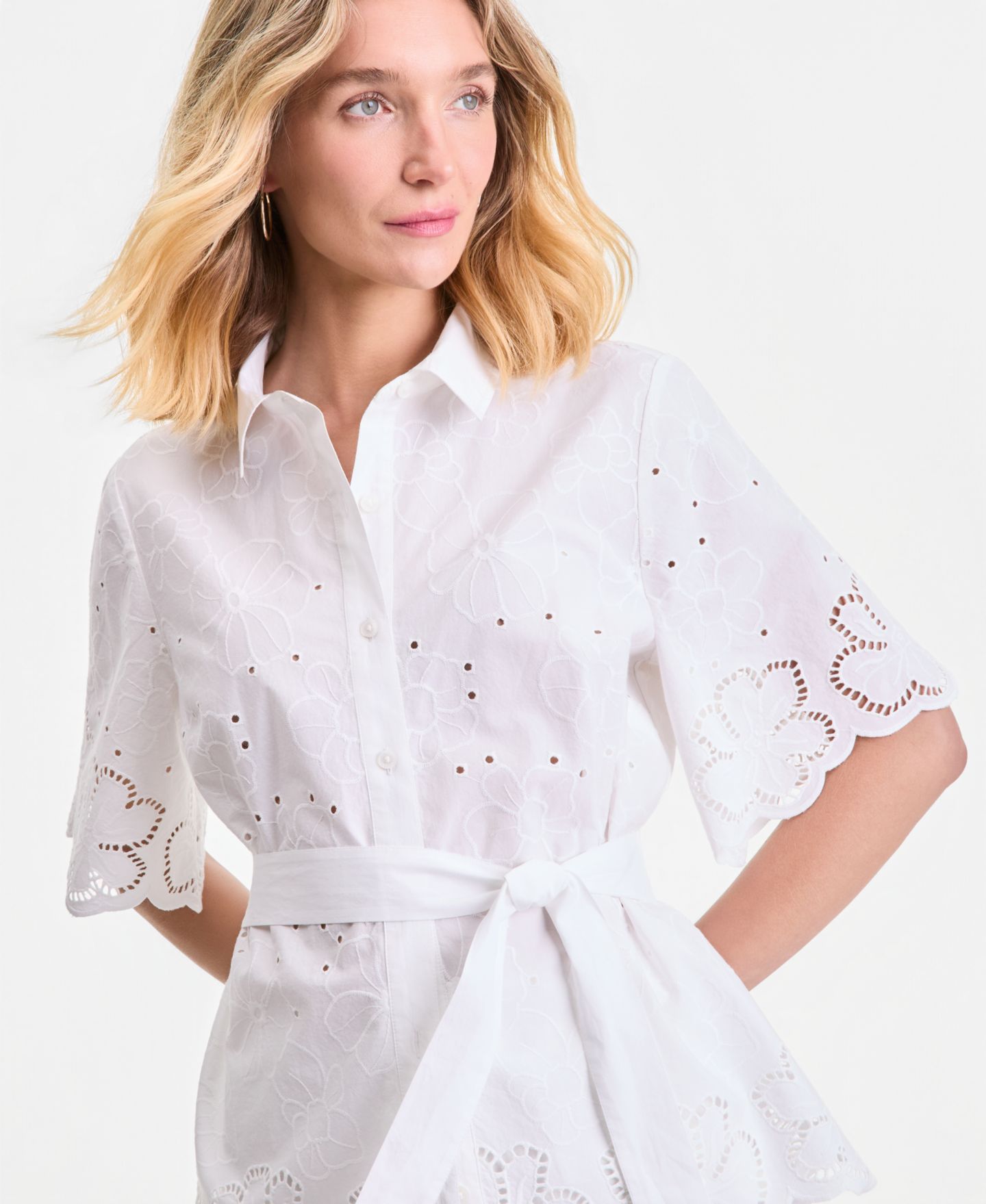 Женская блузка I.N.C. International Concepts Cotton Eyelet Tie-Waist Blouse, цвет: Яркий белый — фото 2