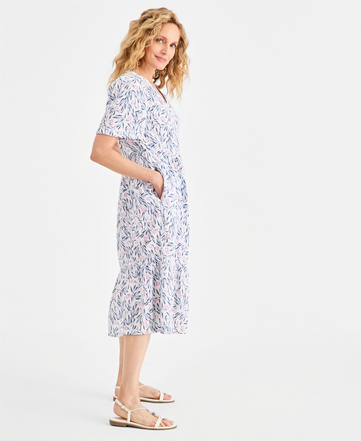 Women's Cotton Gauze Tiered Button-Front Midi Dress