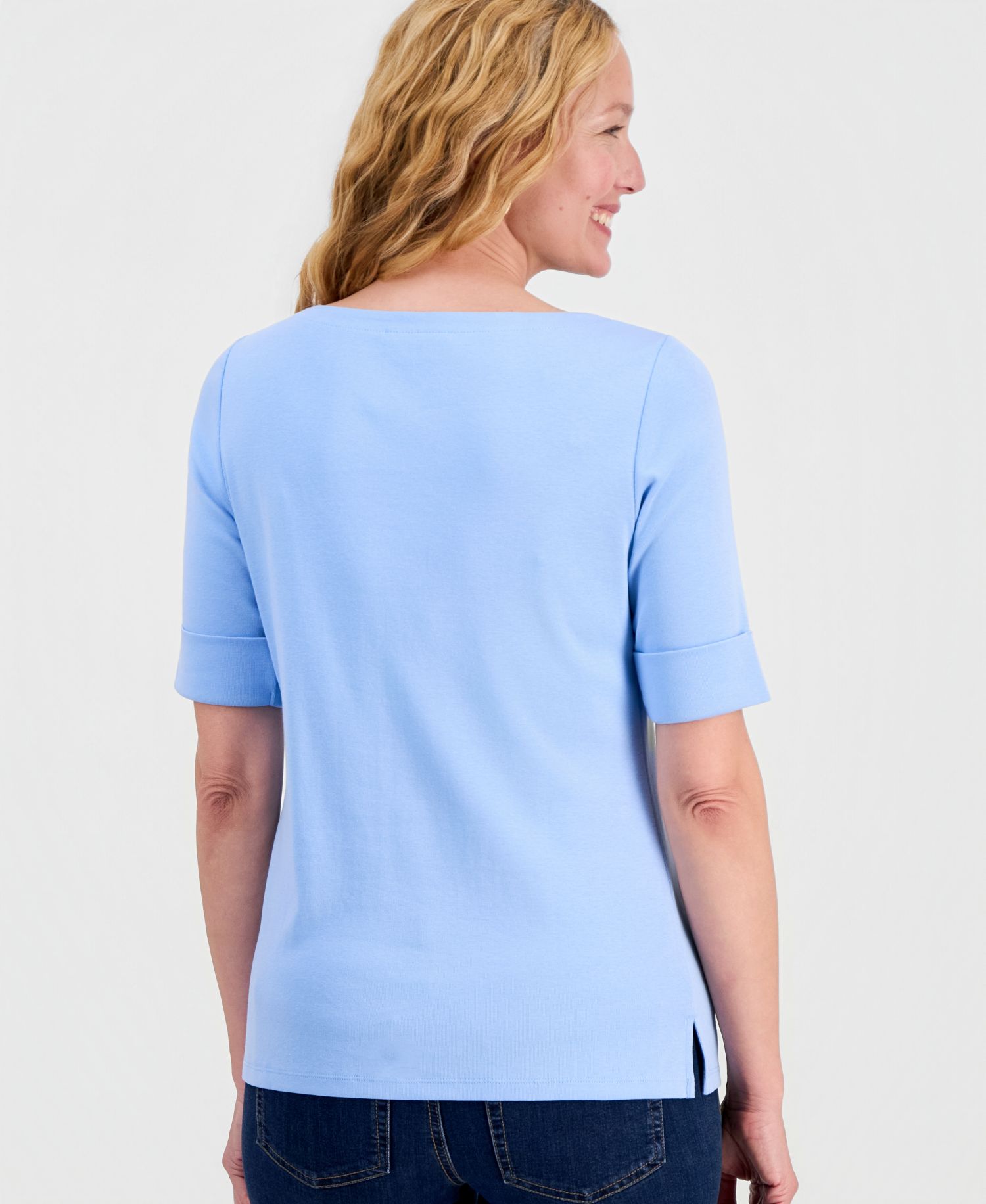 Petite Cotton Elbow-Sleeve Boat-Neck Top