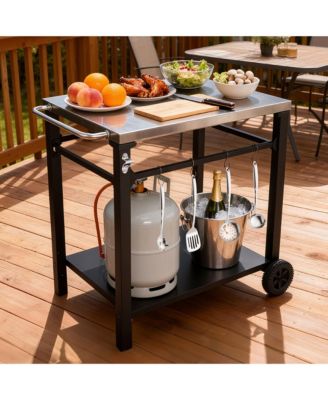 2-Tier Outdoor Grill Cart with Stainless Steel Top and Tool Hooks