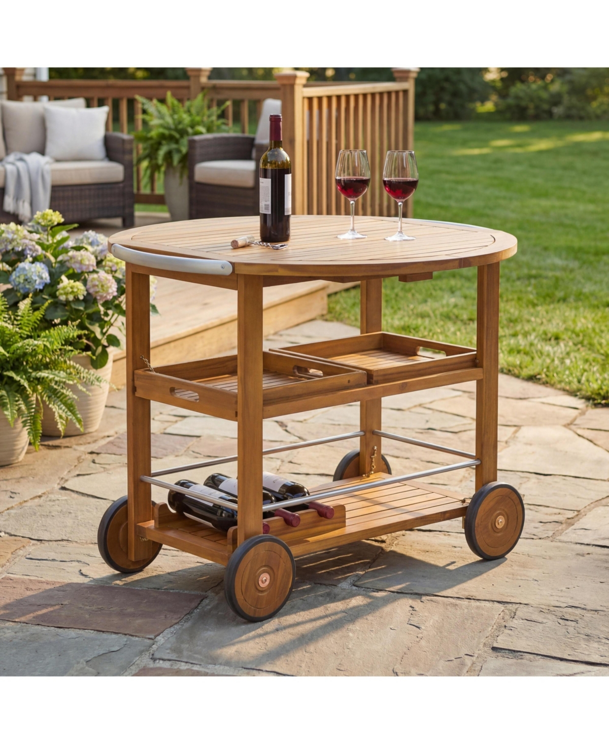 Flynama Outdoor Acacia Wood Bar Cart with Foldable Top and Removable Trays