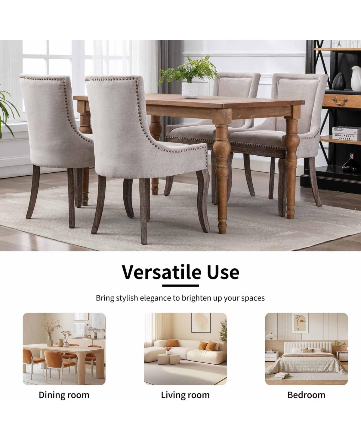 Rainsken Extra Large Side Dining Chairs Set of 2, Fabric Upholstered Kitchen with Nail Head Decoration and Solid Wood Legs for Room