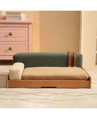 Modern Oak Wood Pet Sofa, Chenille Pet Lounge with Removable Cushion, Built-in Toy for Cats