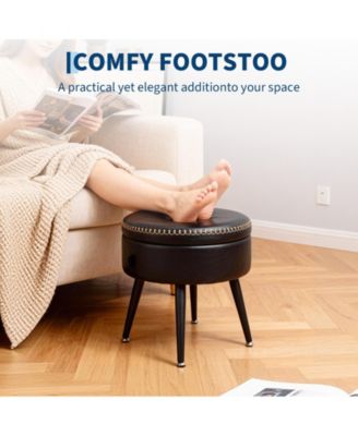 Modern Storage Ottoman and Vanity Stool, Synthetic Leather Round Seat, 330 lb Capacity Steel Legs, Multi-Functional Footrest and Bedroom Bench