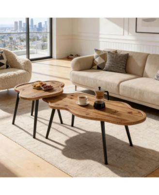 Nesting Coffee Table Set of 2, Solid Wood Coffee Tables with Cloud Tabletop