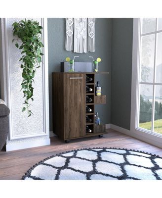 Dark Bar Cart with 4 Casters, Cabinet and 6 Bottle Cubbies