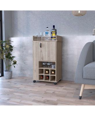 Reese Light Bar Cart with Casters, 6 Wine Cubbies and Single Door Cabinet, Rolling Serving Cart for Home Bar