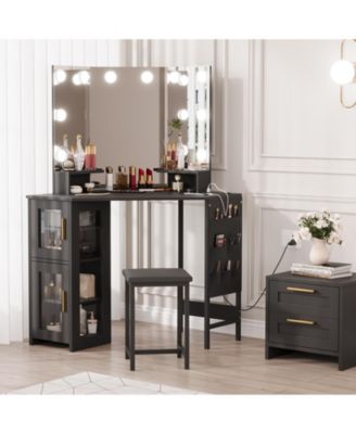 Space-Saving Corner Vanity Desk and Stool Set for Bedroom - Lighted Mirror, Charging Station, Storage Cabinet
