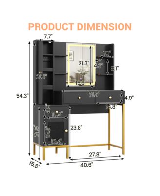  Modern Vanity Desk with LED Lighted Mirror - 3-Color Dimmable Lighting, USB Charging Station, Hidden Jewelry Cabinet, Drawers and Shelves