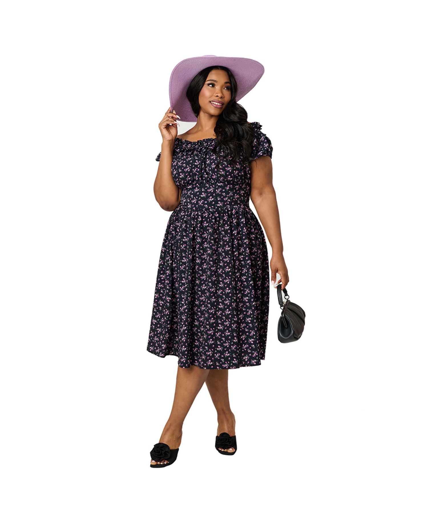Plus Size 1950s Off The Shoulder Ruffle Swing Dress