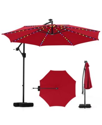 10 ft Solar Offset Hanging Patio Umbrella with Base, 96 LED Lights and 360-Degree Rotation
