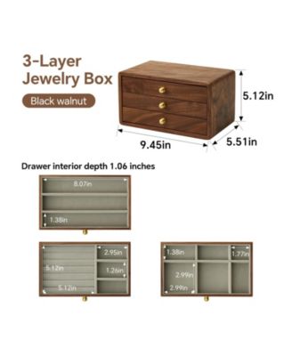 Solid Black Walnut Jewelry Organizer Box 3 Drawers Velvet Lined Brass Handles Large Storage