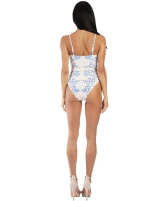 Women's Blue Floral Cut-Out One Piece Swimsuit - Elegant Resort Swimwear