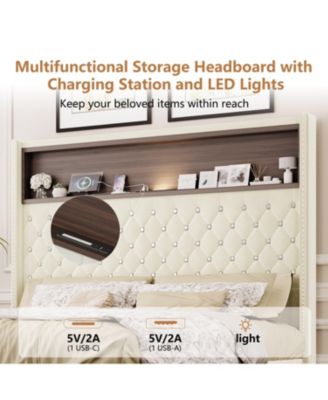 Full Size Velvet Tufted Soft Bed Frame with USB Port and Night Light