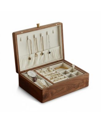 Black Walnut Solid Wooden 2 Layer Jewelry Organizer with Removable Tray Velvet Interior Magnet Closure Gift for Women