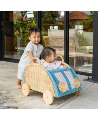 Archie Handcrafted Rattan Storage Wicker Wagon with Wooden Wheels