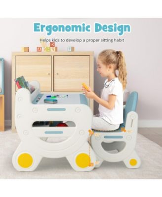 Kids Drawing Table and Chair Set with Erasable Graffiti Desktop and Built-In Storage