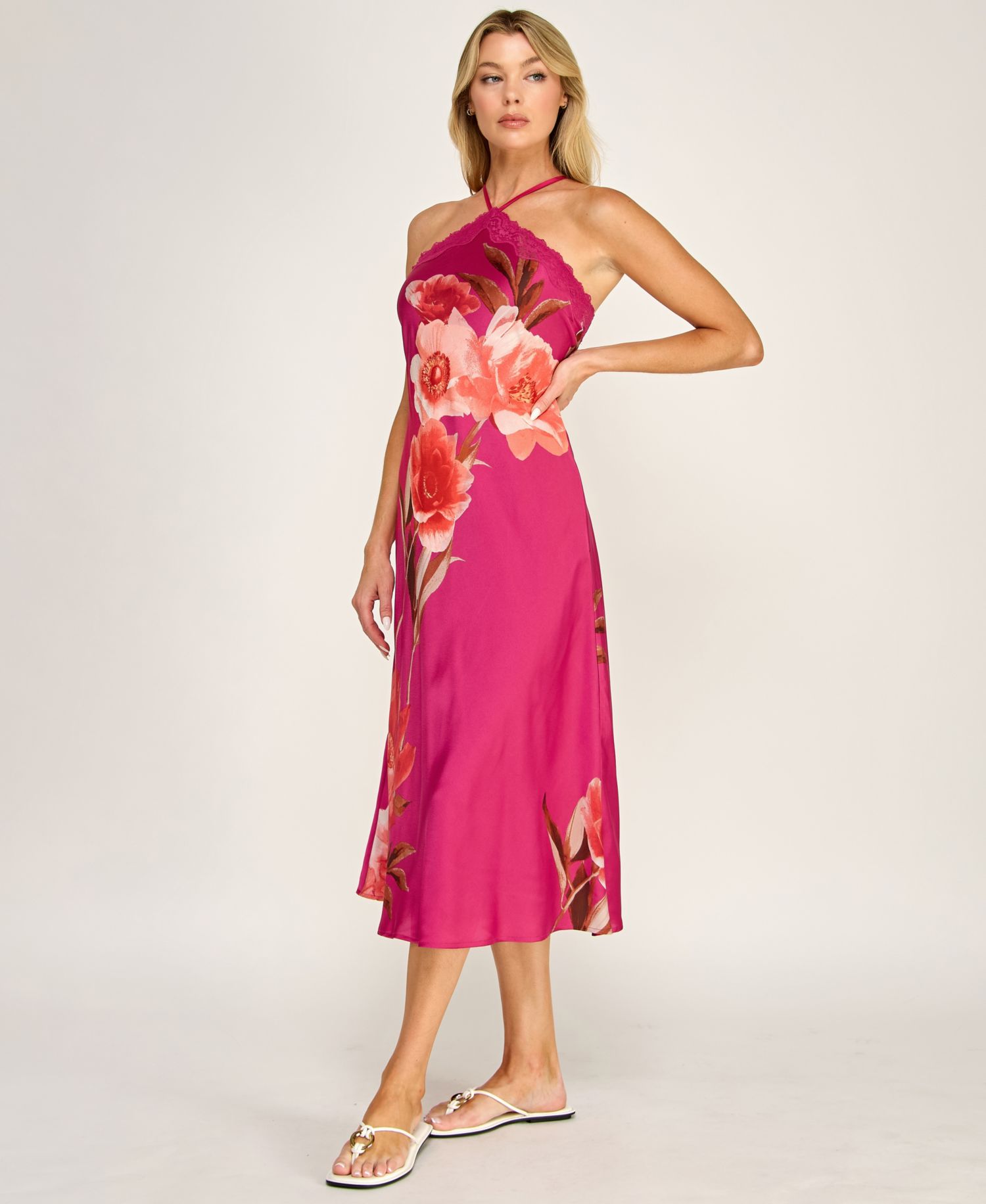 Women's Printed Halter Neck Scallop Trim Midi Dress