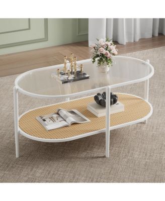 37" 2-Tier Rattan Oval Coffee Table with Storage Shelves