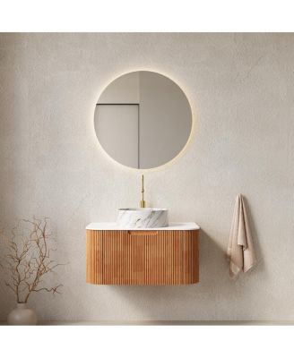 Modern Bathroom Vanity with Stone Pattern Ceramic Basin, 3D Striped Wood Drawer, Wall Mounted Storage Cabinet, Pre-assembled