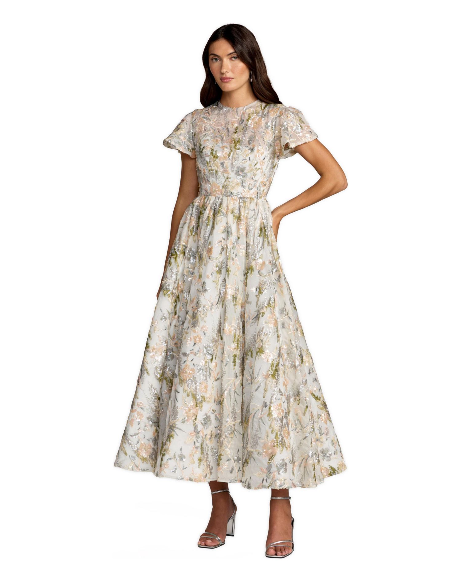 Women's Multicolor Flutter Sleeve Sequin A-Line Midi Dress