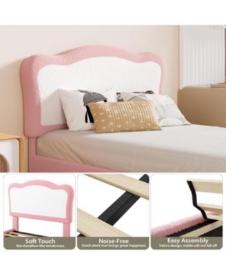Boucle Upholstered Kids Bed Frame with Headboard, Wooden Slats, No Box Spring Needed