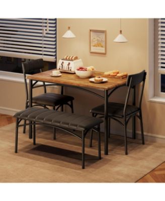 4-Piece Wooden Dining Set, Rectangular Table, 4 Chairs and Upholstered Bench for Small Spaces