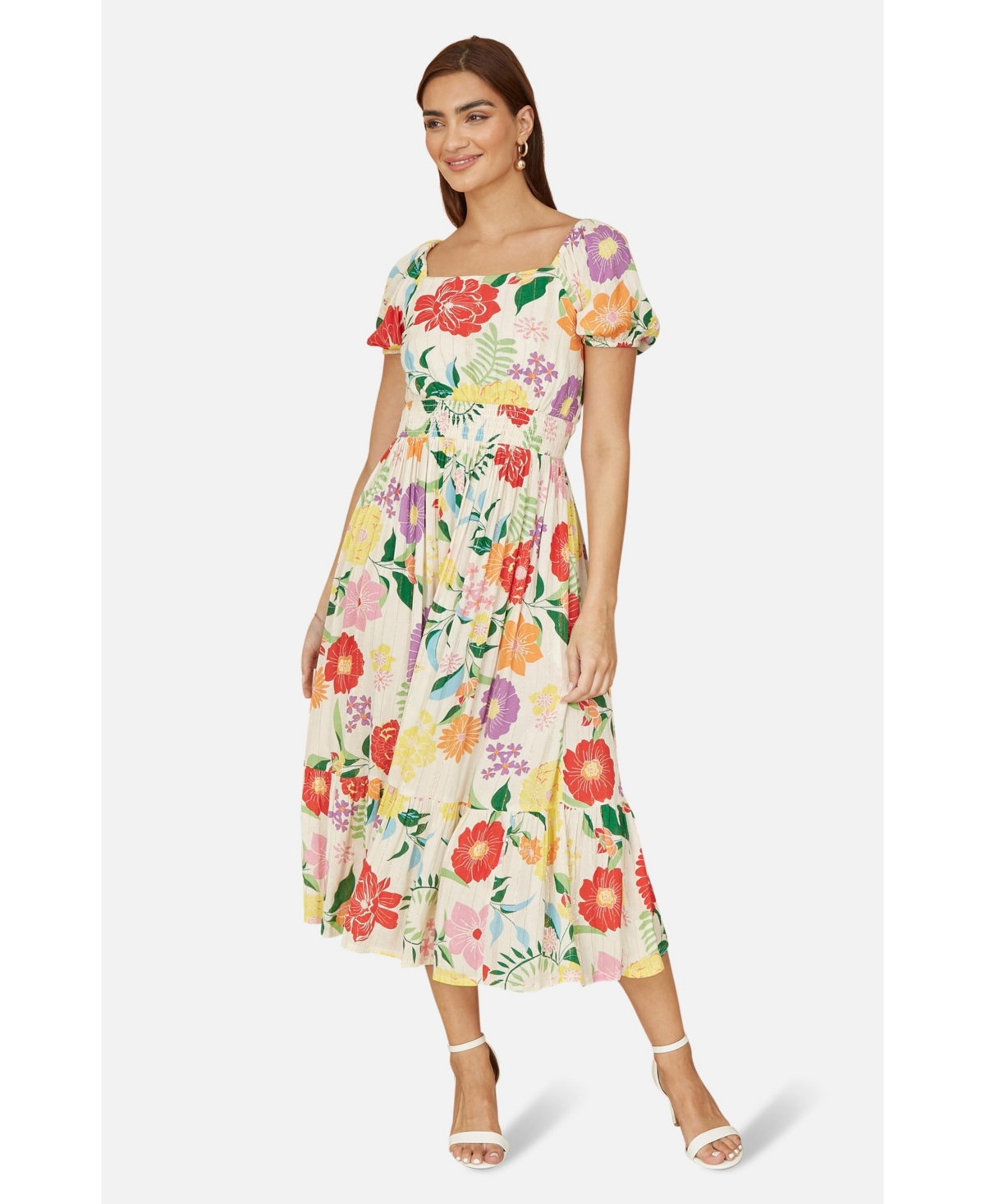 Yumi Women's Short Sleeve Square Neck Midi Dress