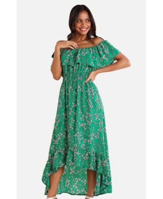 Women's Floral Bardot Ruffled Hem Midi Dress