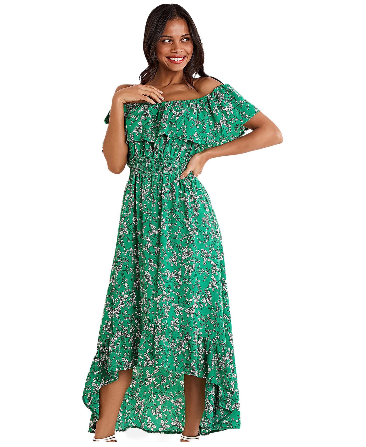 Women's Floral Bardot Ruffled Hem Midi Dress