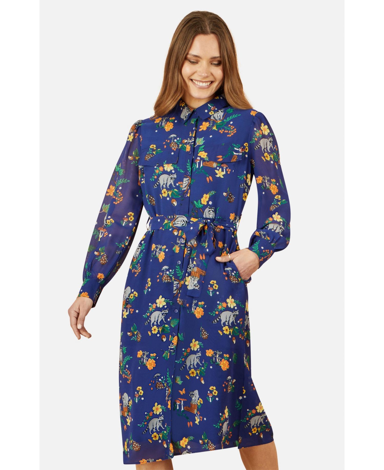 Women's Raccoon Print Shirt Midi Dress