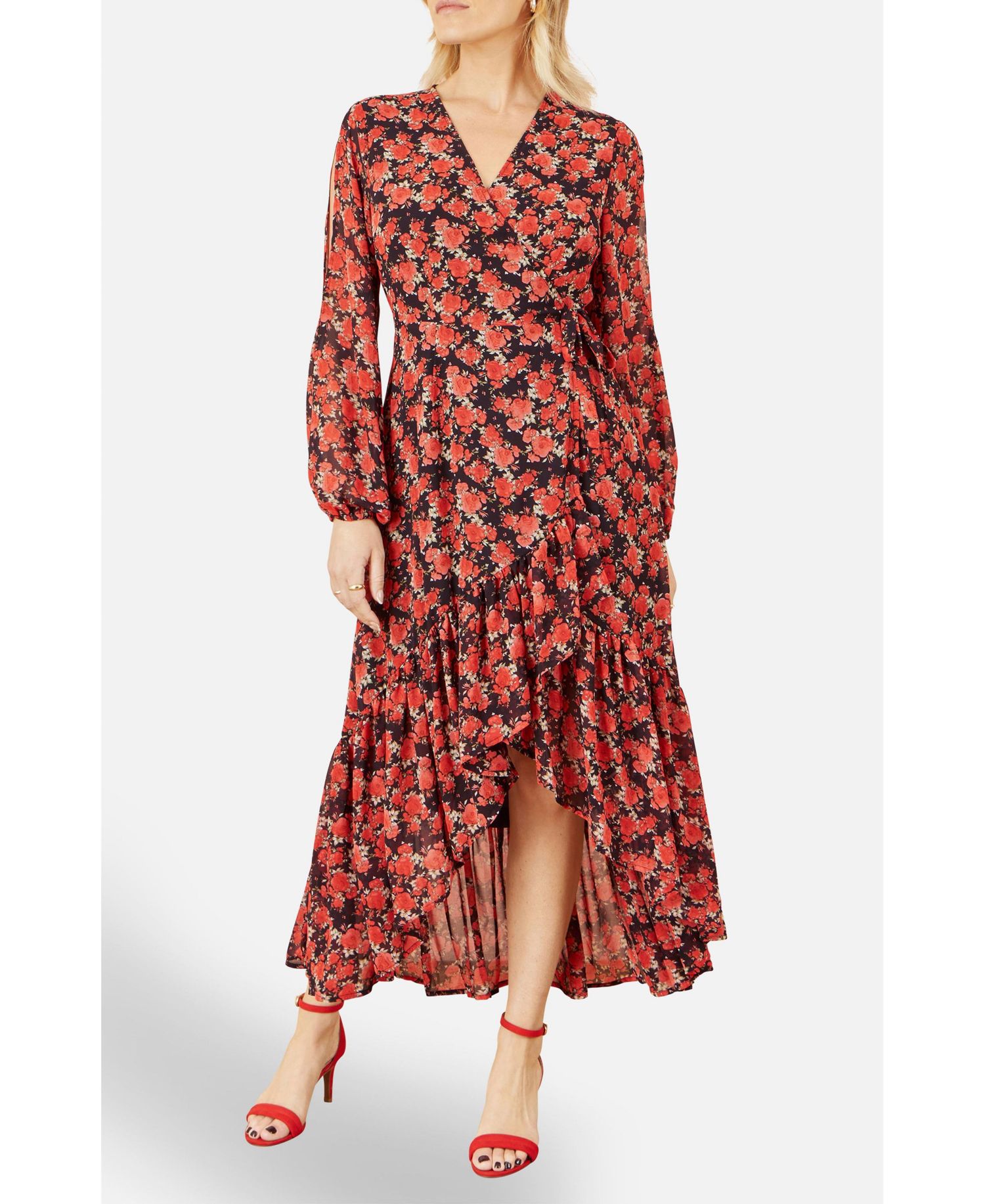 Women's Rose Print Dipped Hemline Midi Dress