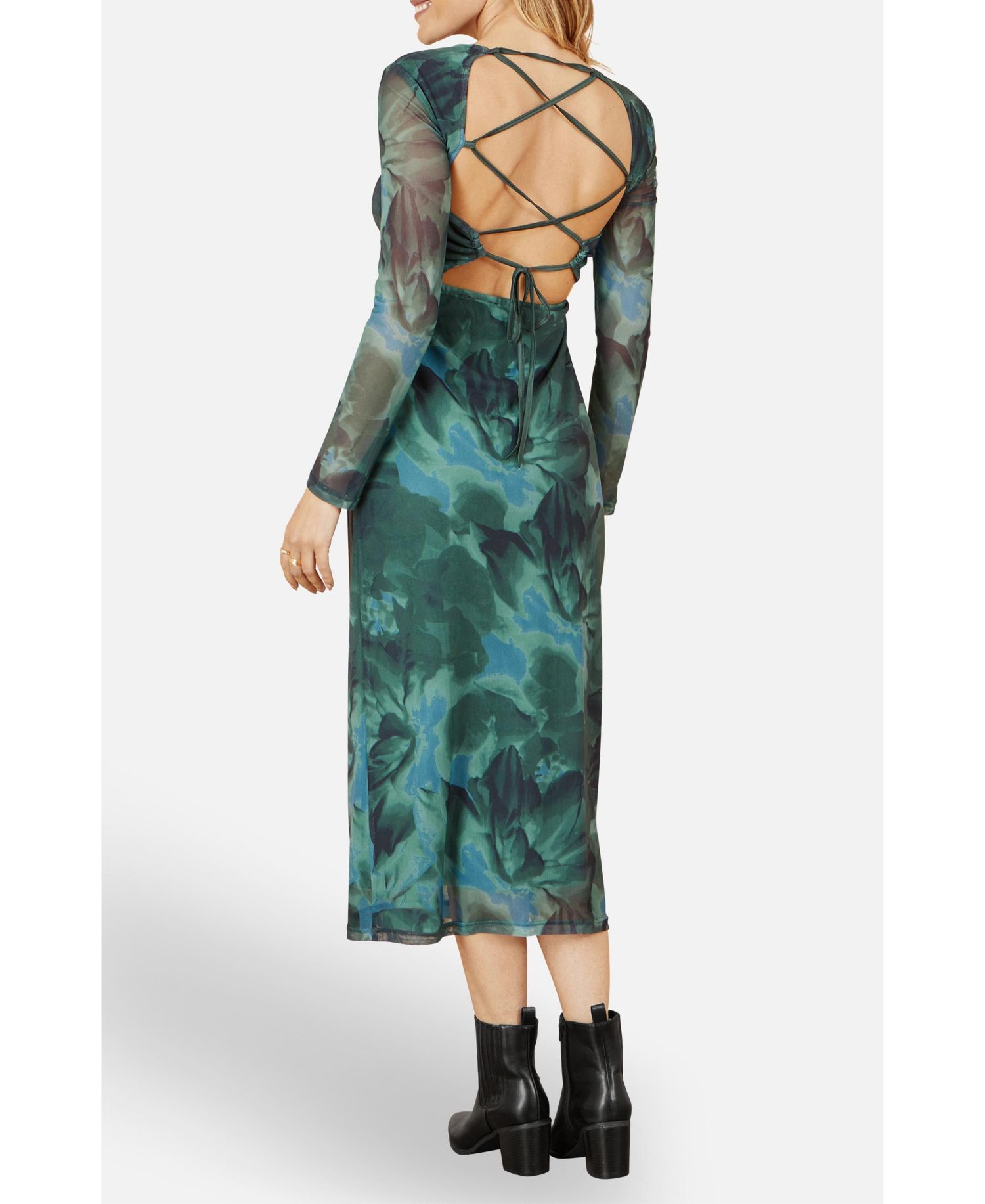 Women's Floral Mesh With Tie Back Bodycon Dress