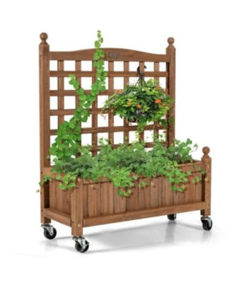 32 Inch Wooden Planter Box with Trellis and Wheels, Raised Garden Bed