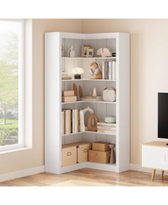  Farmhouse L-Shaped Corner Bookshelf, 5-Tier Heavy-Duty MDF Bookcase for Home Office