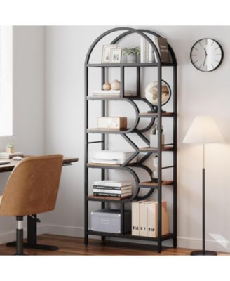 Tall 6-Tier Arched Bookshelf with Geometric Metal Frame, Modern Display Rack