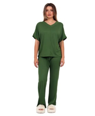 Women's V-Neck Top and Drawstring Wide-Leg Pant Set