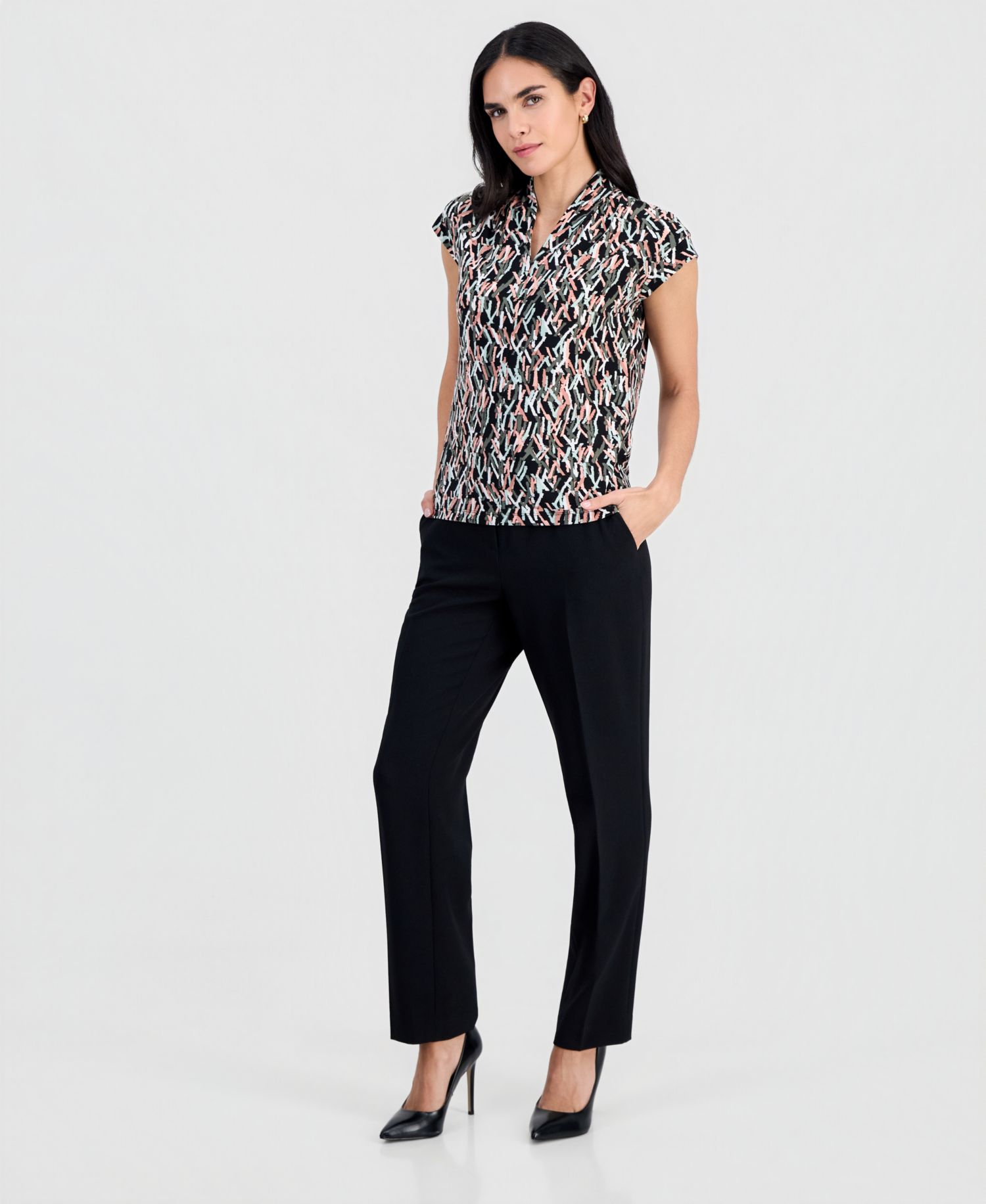 Petite Printed V-Neck Cap-Sleeve Blouse