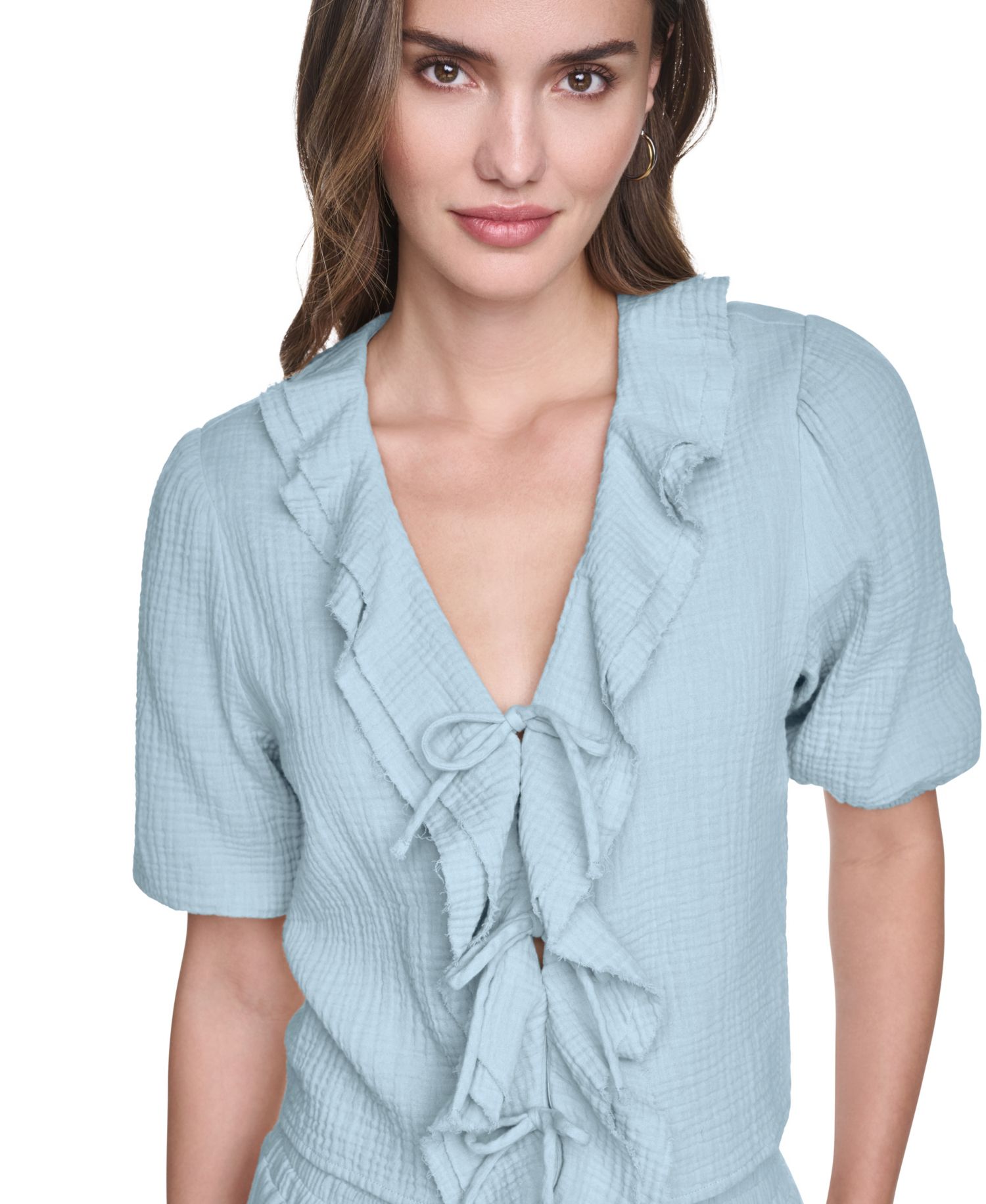 Women's V-Neck Short Puff-Sleeve Tie-Front Shirt