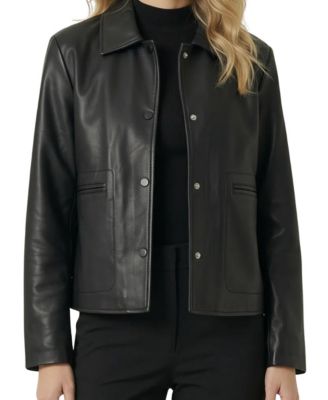 Women's Leather Button-Front Collared Jacket
