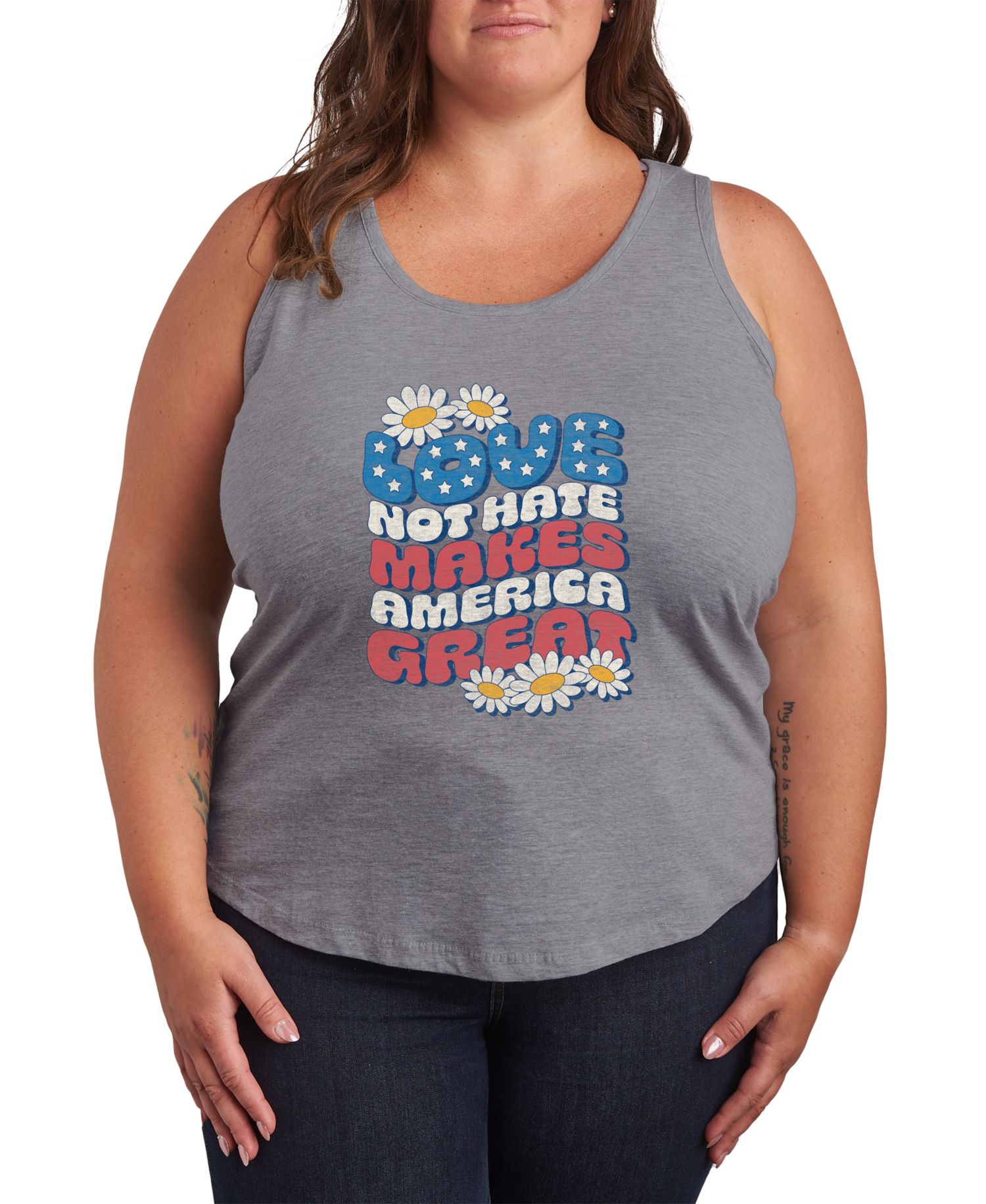 Plus Size Instant Message Love Not Hate Makes America Great Racerback Graphic Tank Top