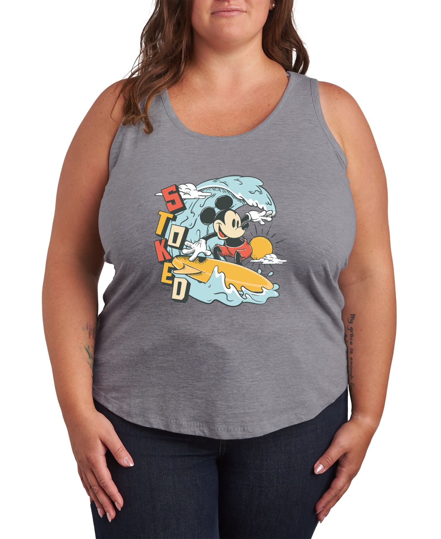 Plus Size Disney Mickey Surfing Stoked Racerback Graphic Tank Top