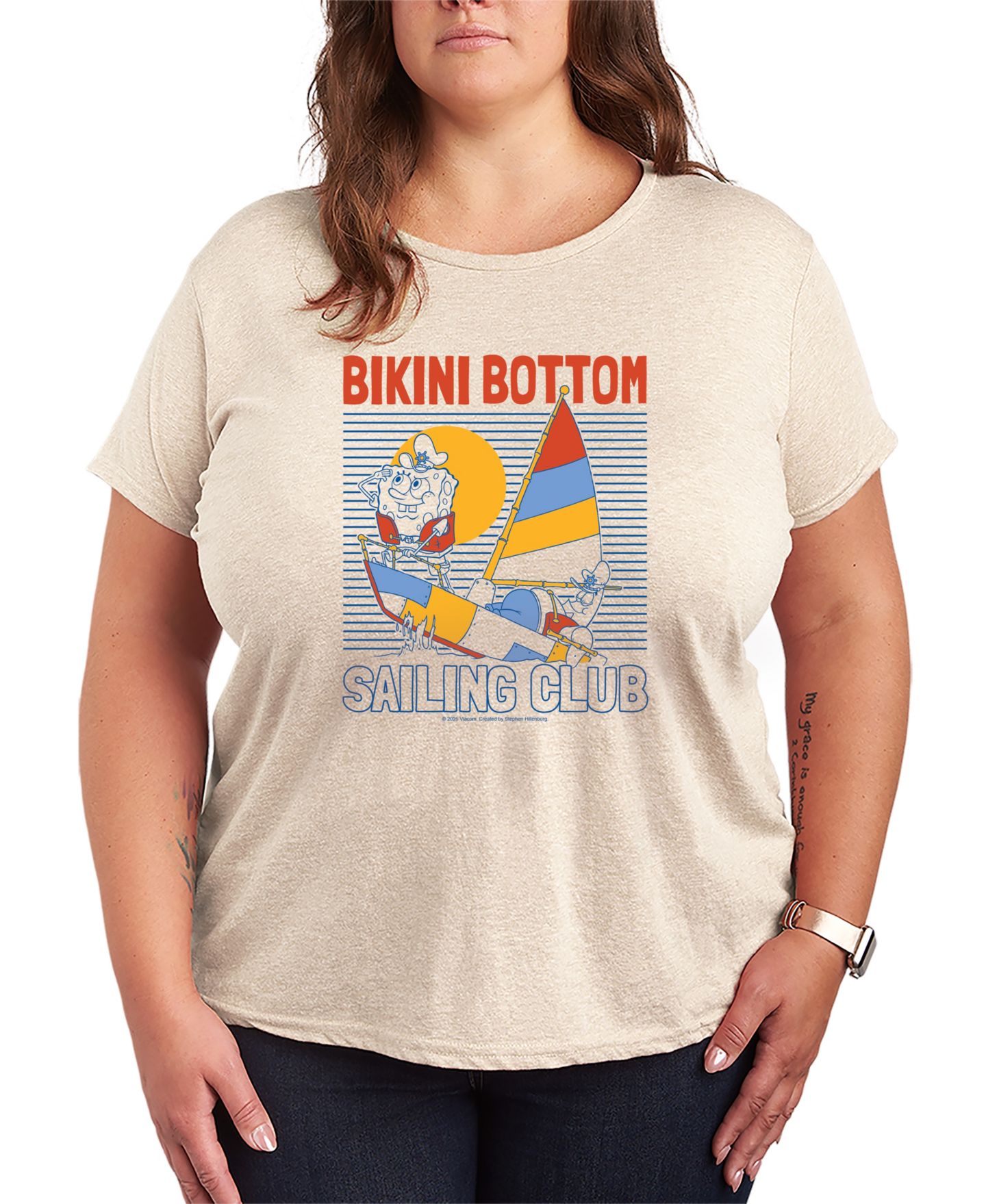 Женская футболка Hybrid Apparel Plus Size SpongeBob Square Pants Bikini Bottom Sailing Club Short-Sleeve Graphic, цвет: Берёзовый — фото 2